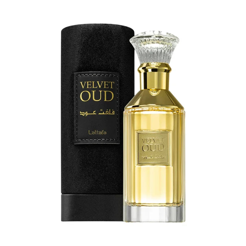 Parfum Velvet Oud Lattafa, flacon doré avec bouchon cristal, packaging noir élégant