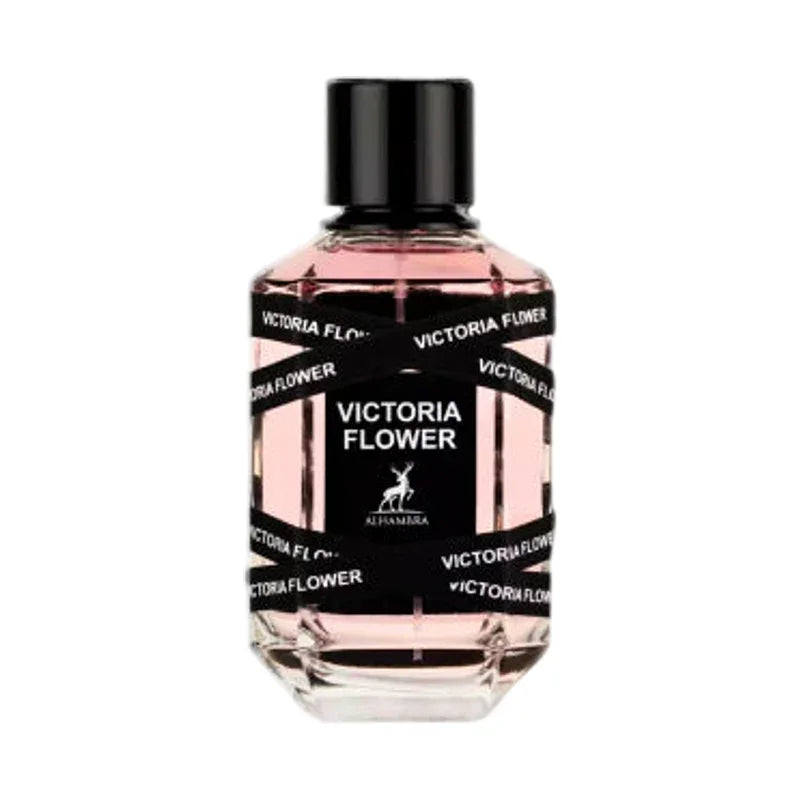 Parfum Victoria Flower, flacon rose avec étiquette noire et logo cerf, eau de parfum élégante