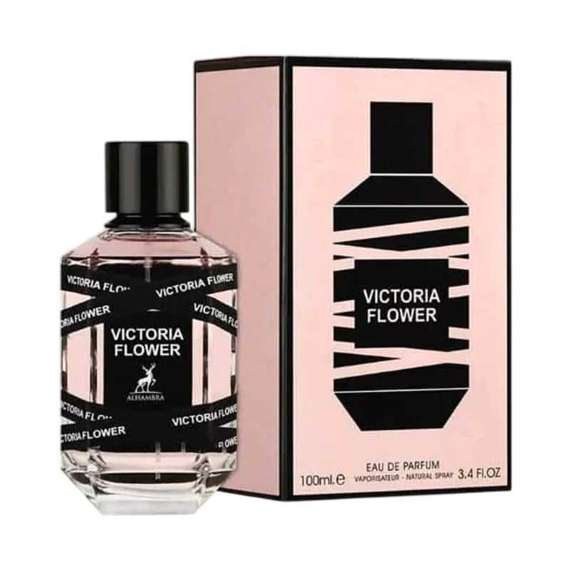 Victoria Flower Eau de Parfum 100ml, flacon transparent avec étiquette noire et boîte rose pâle