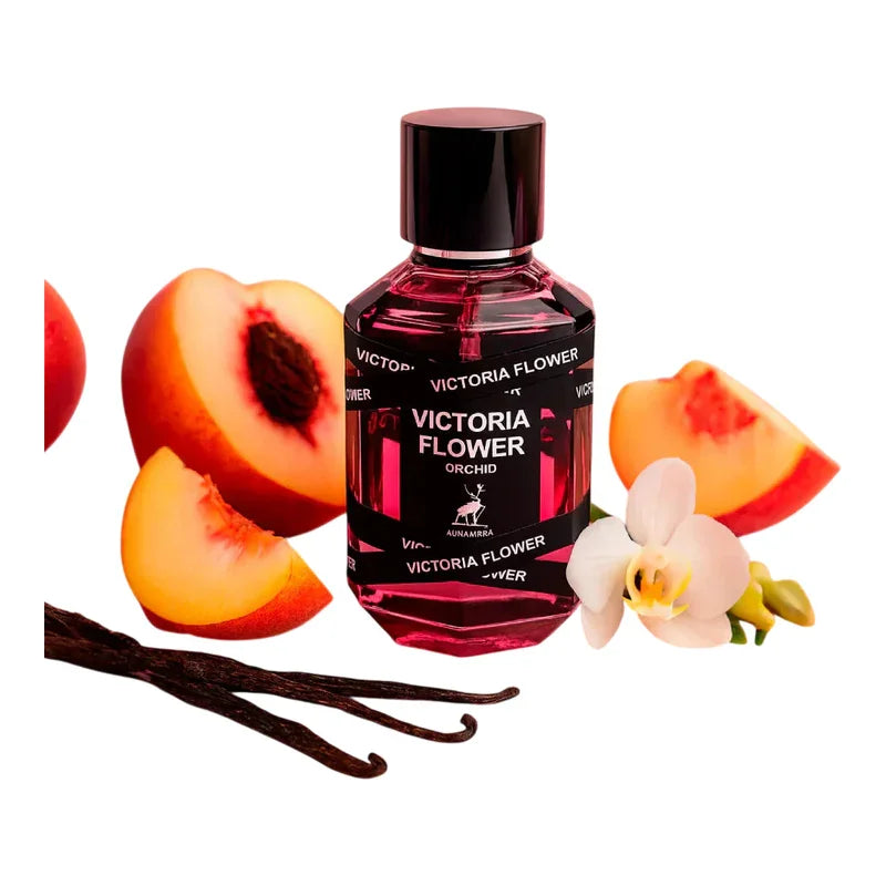 Parfum Victoria Flower Orchid avec morceaux de pêche, vanille et fleur d'orchidée.