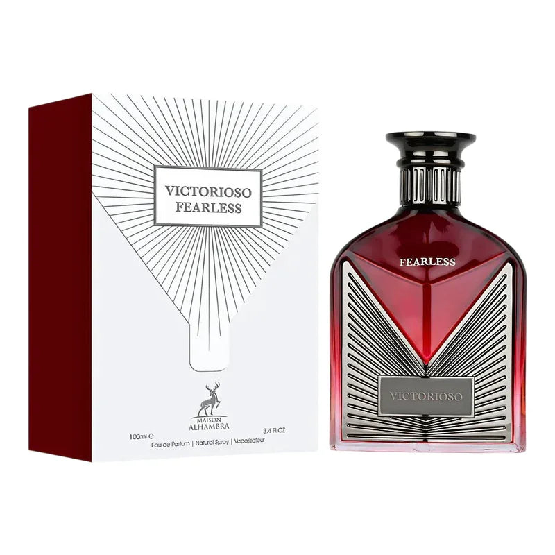 Parfum Victorioso Fearless, flacon rouge élégant avec emballage rayonnant, 100ml