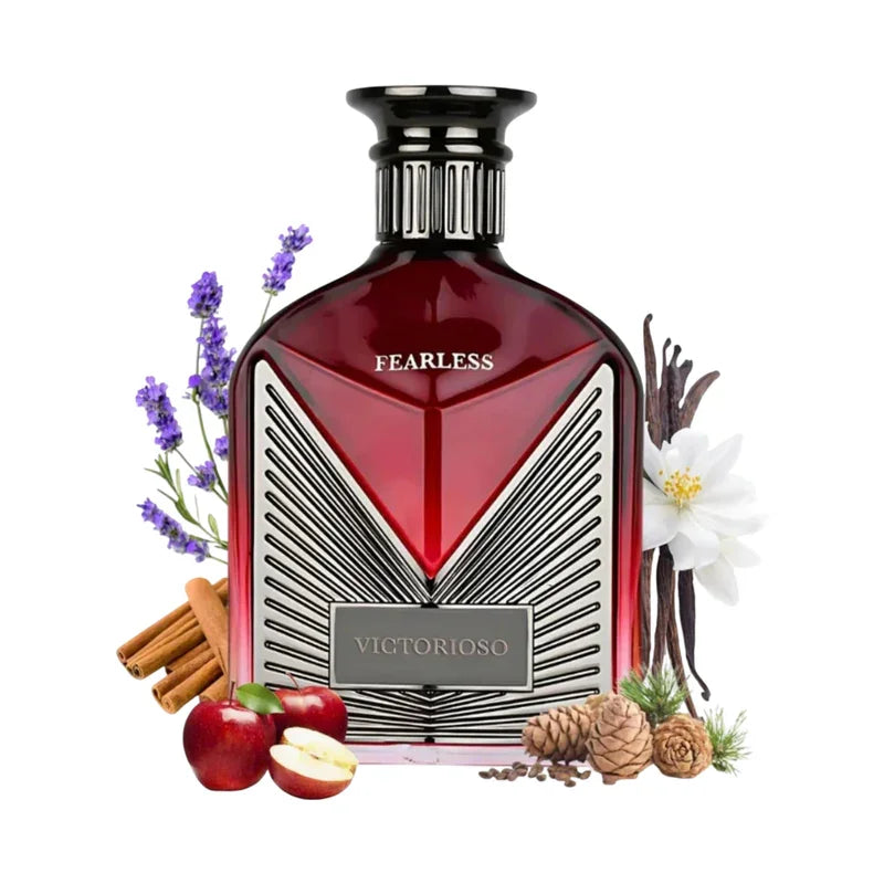 Parfum Fearless Victorioso entouré de lavande, cannelle, pomme et vanille