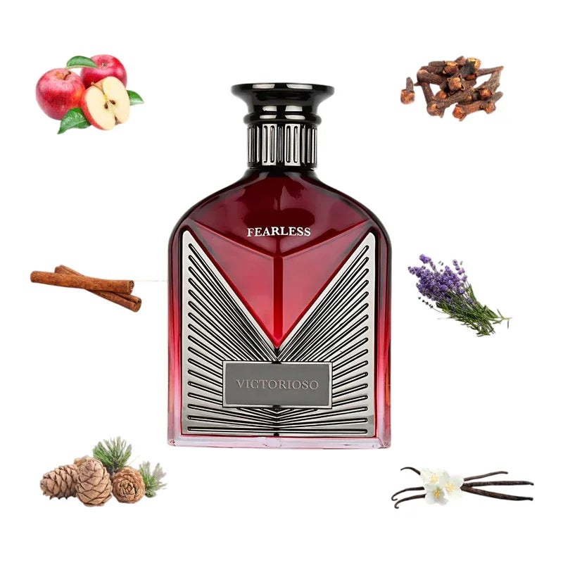 Parfum Fearless Victorioso entouré de pommes, cannelle, clous de girofle, lavande et vanille