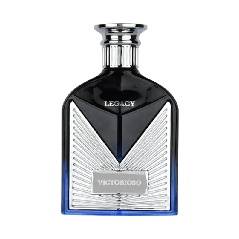 Parfum Legacy Victoriouso, flacon noir et bleu avec détails argentés, design élégant pour homme