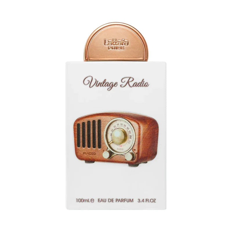 Parfum Vintage Radio de Lattafa en eau de parfum 100ml avec illustration de radio rétro.