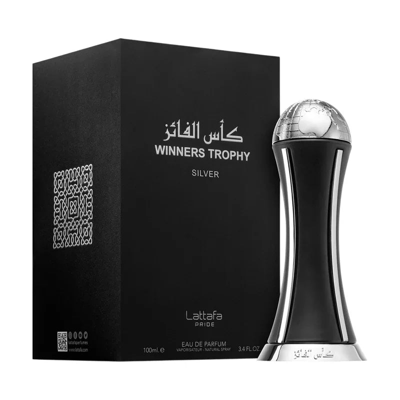 Parfum Winners Trophy Silver Lattafa, flacon élégant avec globe argenté, eau de parfum 100ml