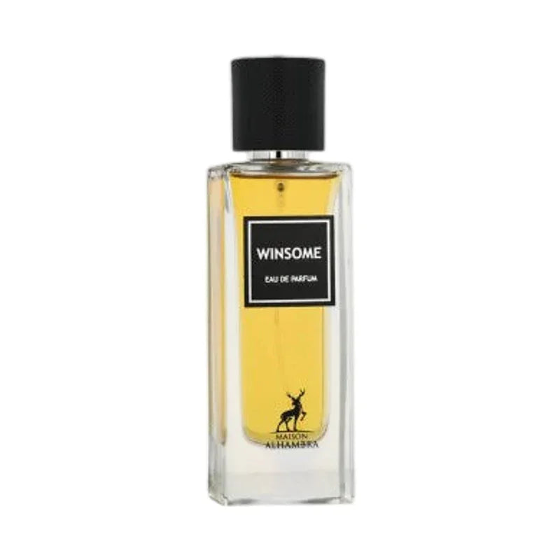 Flacon de parfum Winsome Eau de Parfum, liquide doré, étiquette noire, bouchon mat