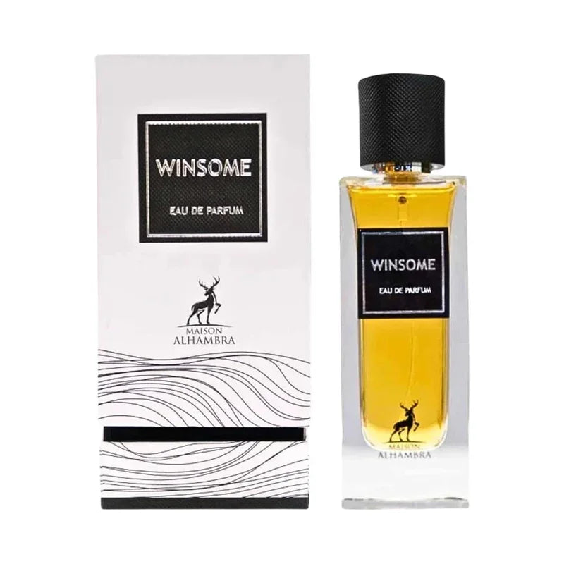 Winsome Eau de Parfum Maison Alhambra, flacon doré avec boîte élégante et motif cerf