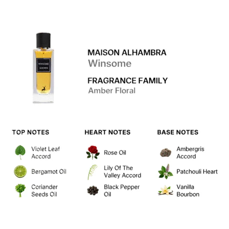 Parfum Winsome de Maison Alhambra, fragrance Amber Floral avec notes de rose et vanille.