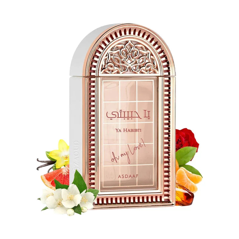 Parfum Ya Habibti d'Asdaaf dans un flacon élégant rose doré avec fleurs et agrumes