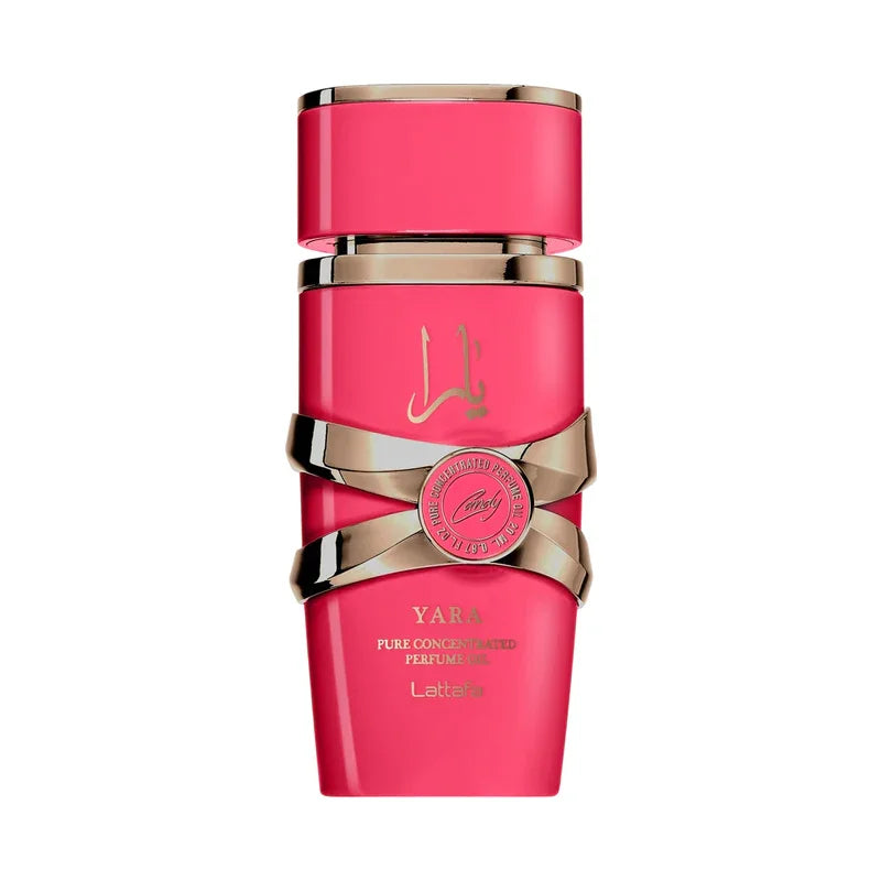 Huile de parfum concentrée Yara Lattafa, flacon rose vif avec détails dorés et ruban élégant