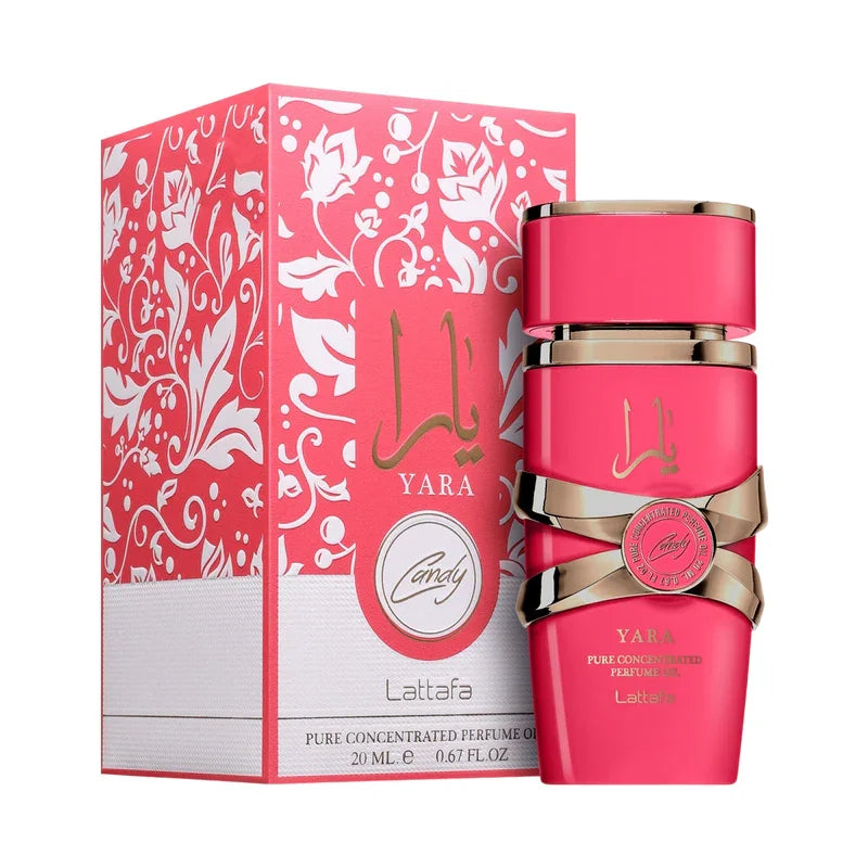 Huile de parfum concentrée Yara Candy Lattafa, flacon rose vif et boîte décorative florale
