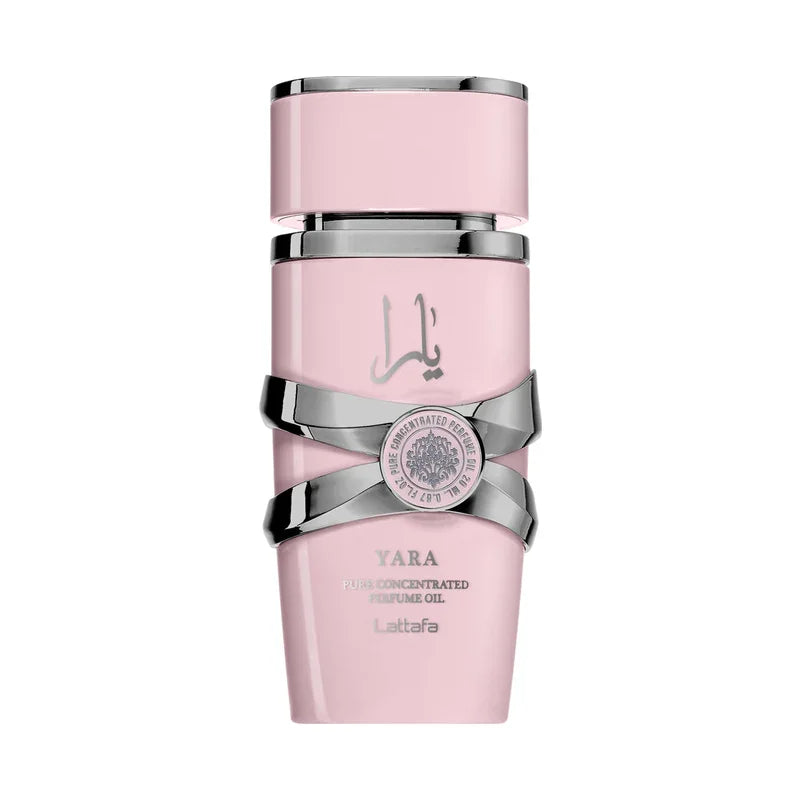 Huile de parfum concentrée Yara Lattafa, flacon rose élégant avec détails métalliques