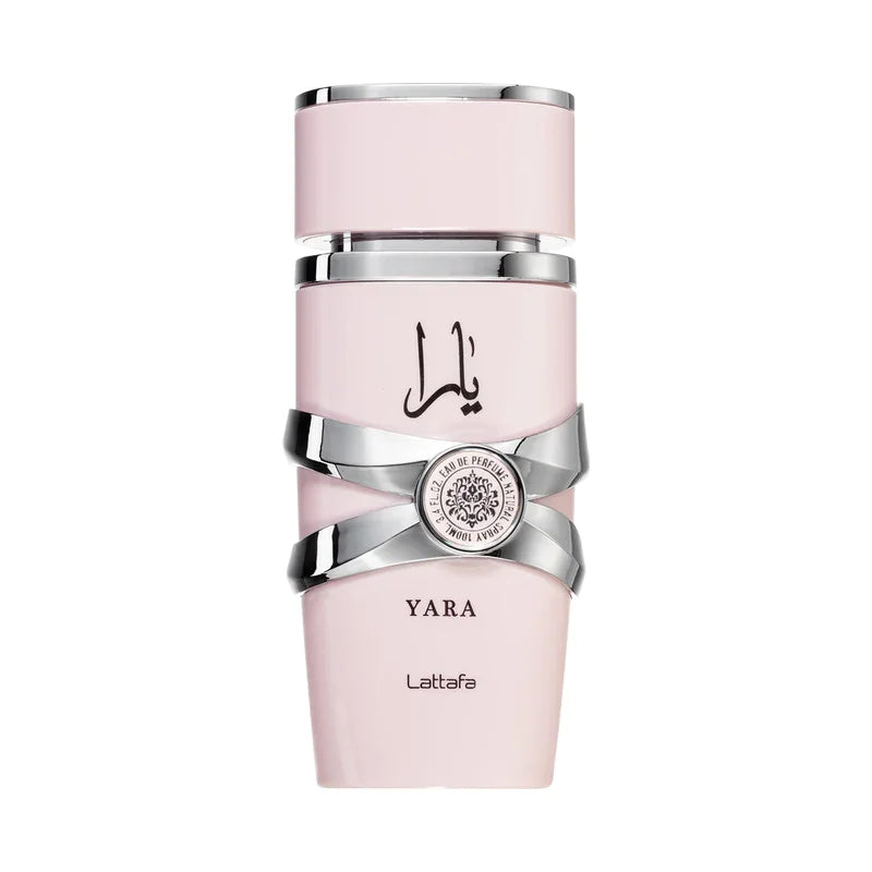 Flacon de parfum rose Yara de Lattafa avec détails argentés
