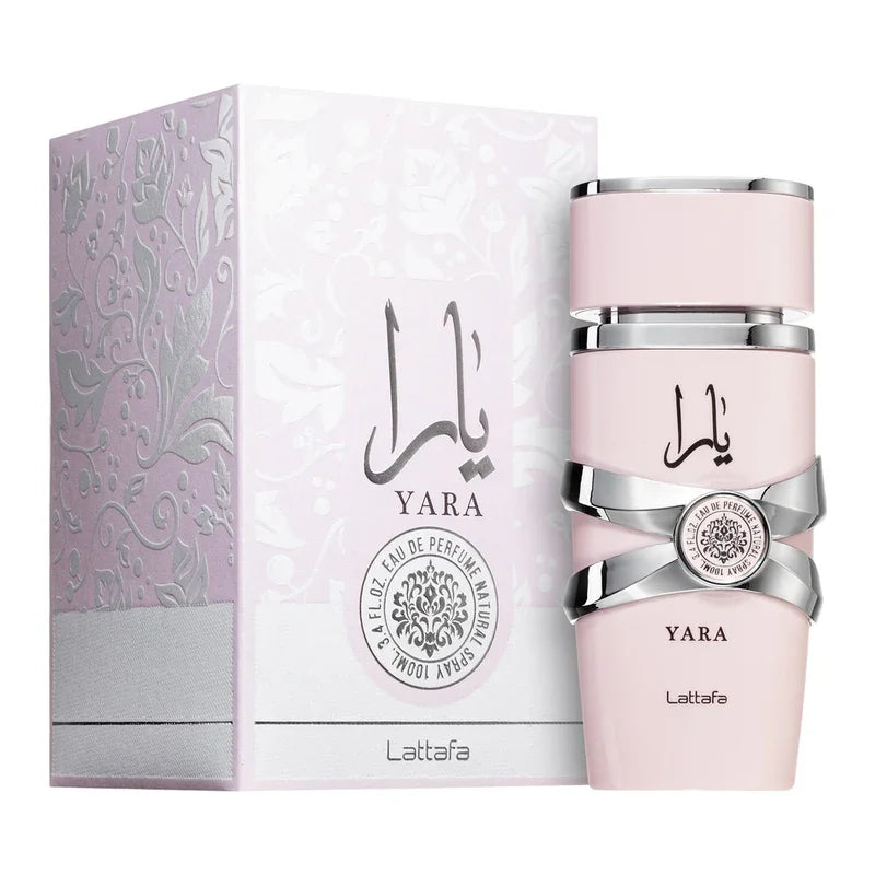 Parfum Yara de Lattafa, flacon rose élégant et son coffret cosmétique.