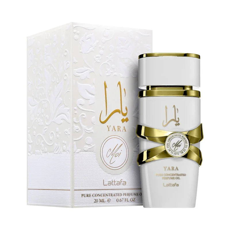 Huile de parfum concentrée Yara Lattafa, flacon blanc et or avec boîte décorée, 20 ml