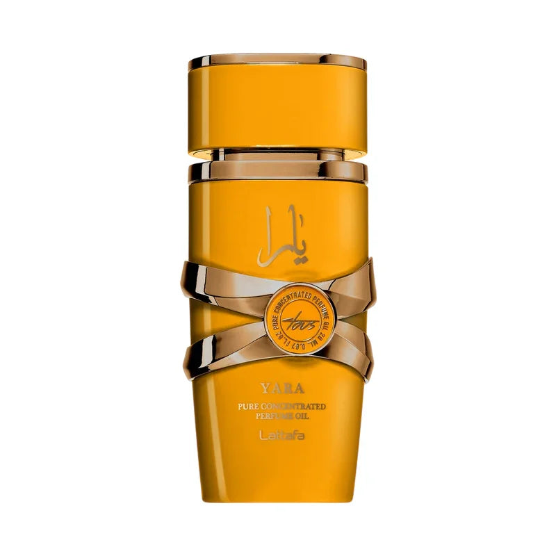Flacon d'huile de parfum concentrée Yara Lattafa, design doré et élégant, parfum oriental luxueux