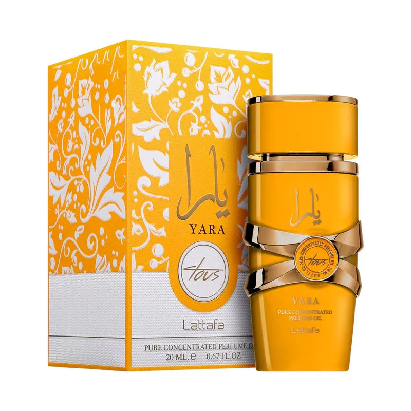 Huile parfumée concentrée Yara Lattafa, flacon doré et boîte ornementée, parfum oriental luxueux