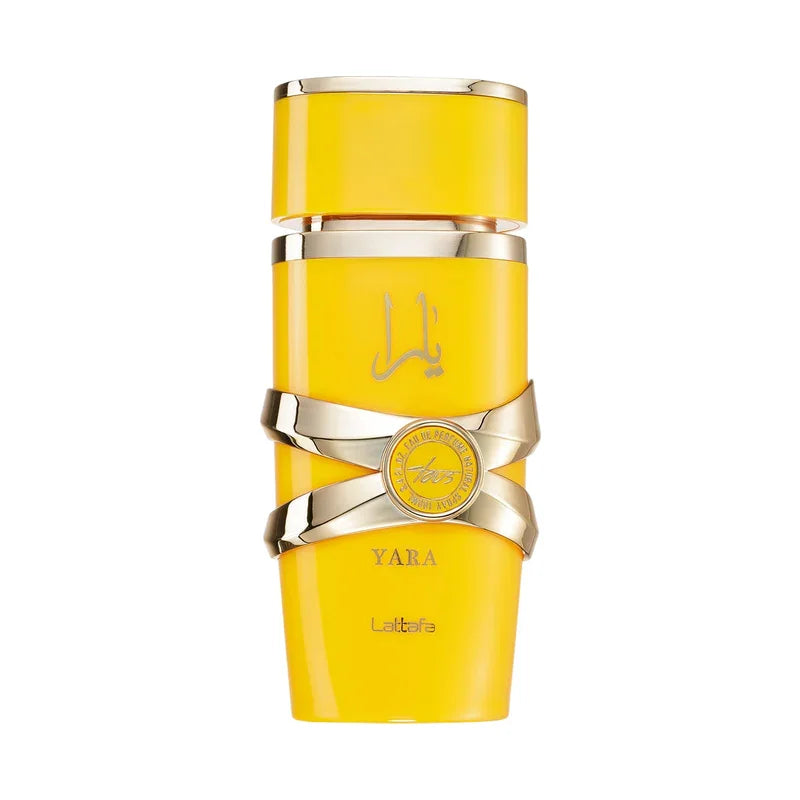 Parfum Yara Lattafa en flacon jaune vif avec détails dorés, eau de parfum orientale luxueuse