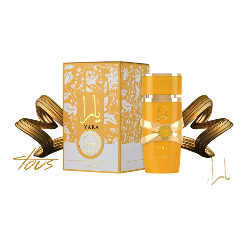Parfum Yara Letiafa en flacon doré avec boîte décorative, design élégant et motifs floraux