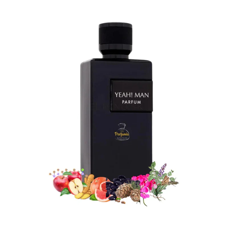 Parfum pour homme Yeah! Man dans un flacon noir élégant entouré de fruits et fleurs.